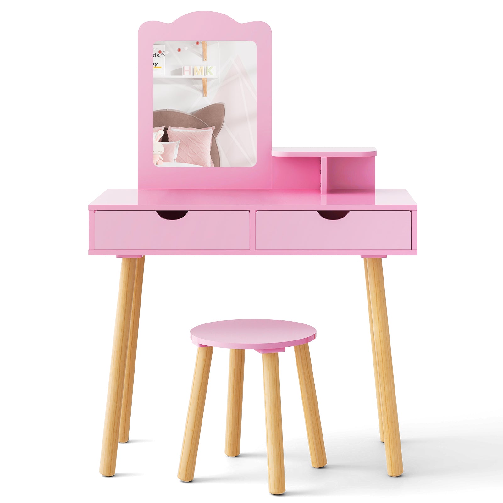 Kid Vanity Table Chair Set with Mirror and 2 Large Storage Drawers, Pink Kids Vanities at Gallery Canada