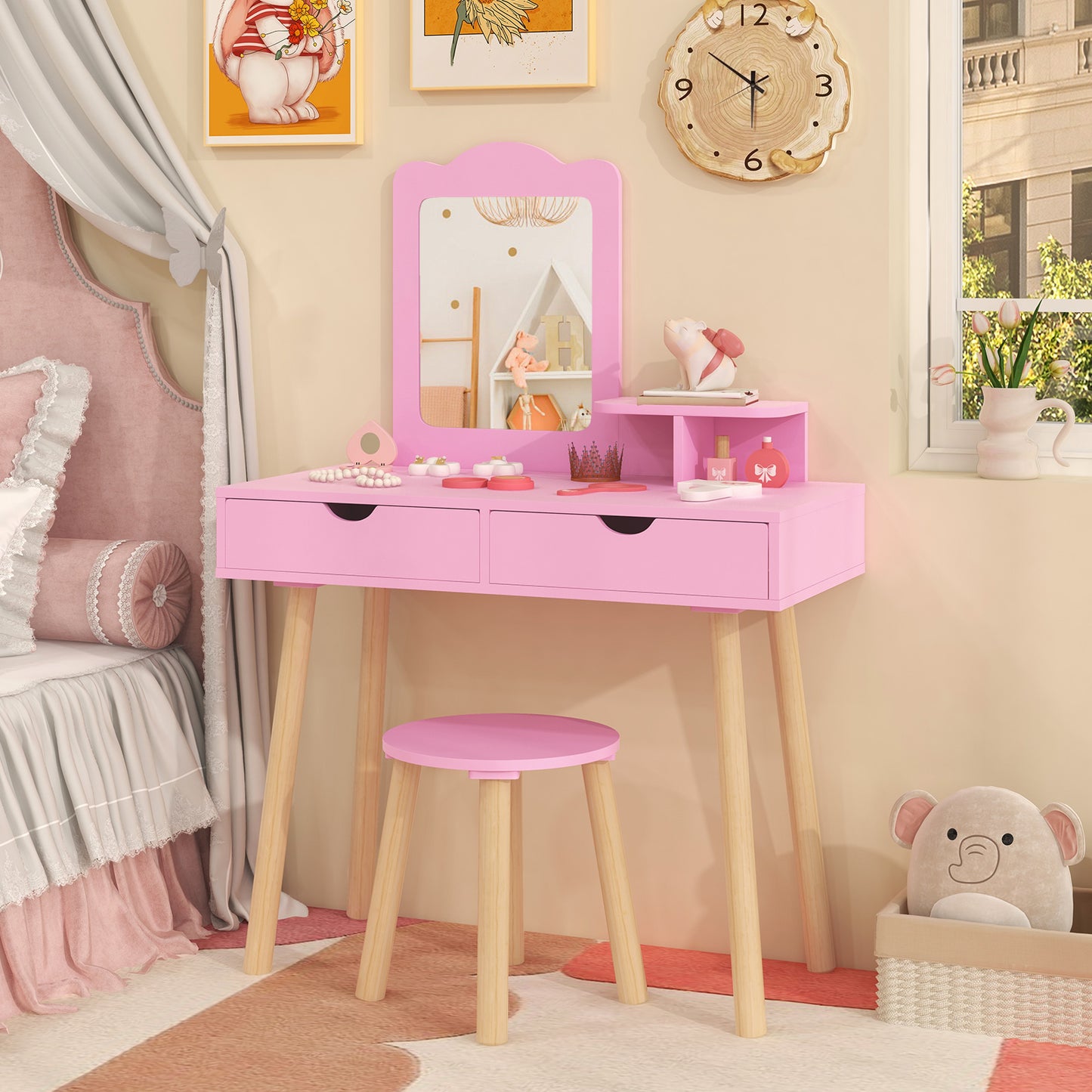 Kid Vanity Table Chair Set with Mirror and 2 Large Storage Drawers, Pink Kids Vanities at Gallery Canada