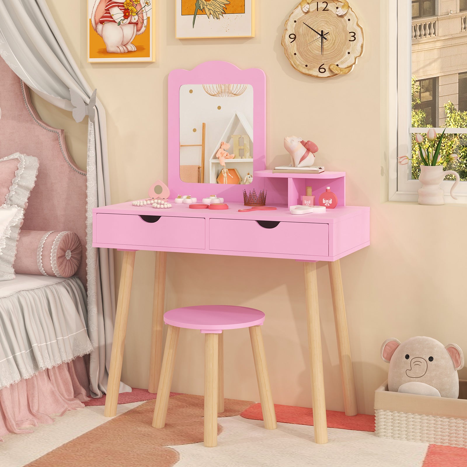 Kid Vanity Table Chair Set with Mirror and 2 Large Storage Drawers, Pink Kids Vanities at Gallery Canada