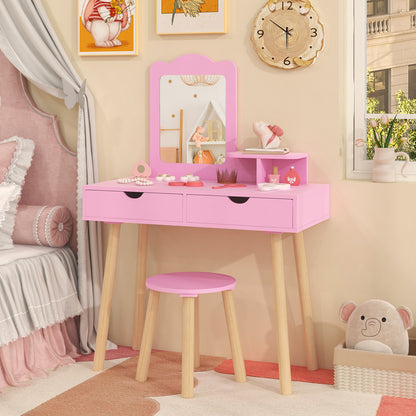 Kid Vanity Table Chair Set with Mirror and 2 Large Storage Drawers, Pink Kids Vanities at Gallery Canada
