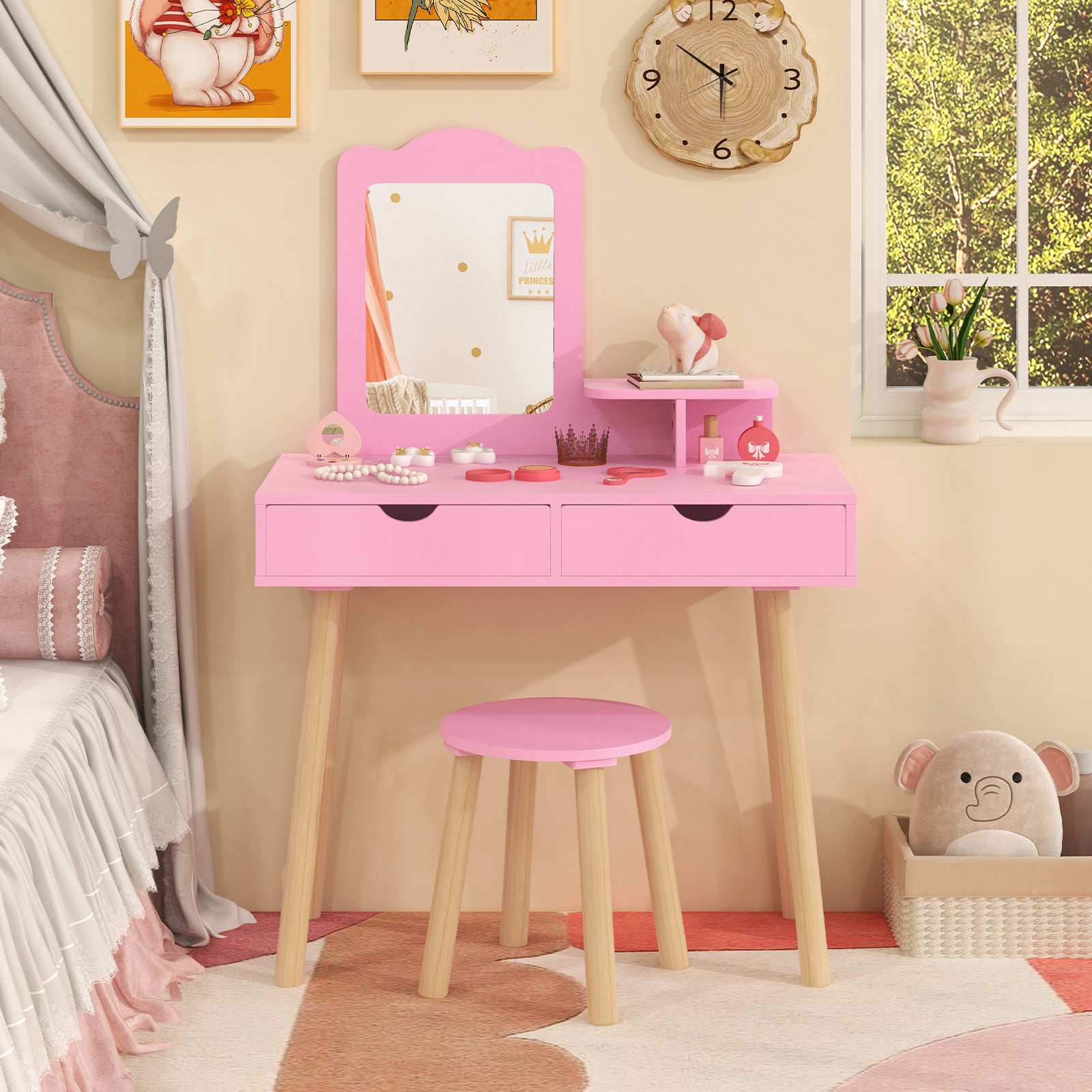 Kid Vanity Table Chair Set with Mirror and 2 Large Storage Drawers, Pink Kids Vanities at Gallery Canada