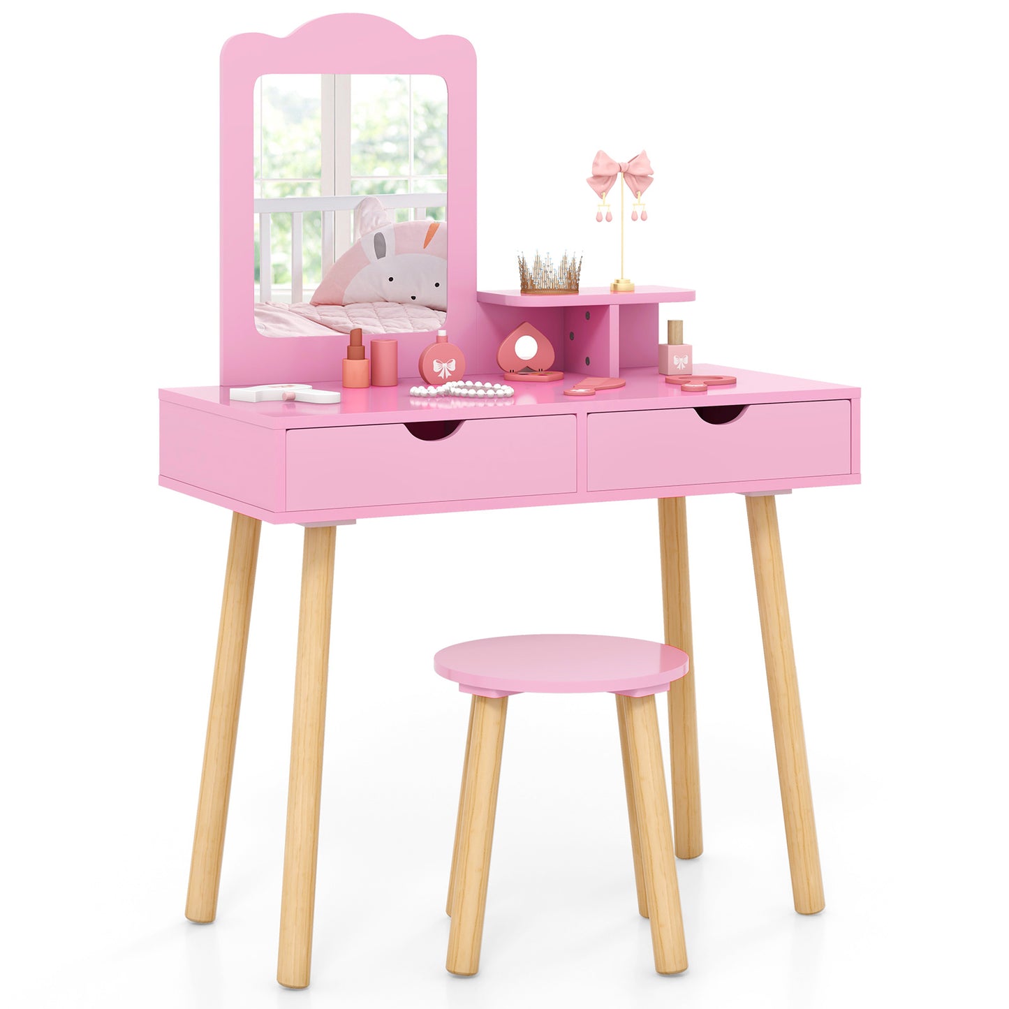 Kid Vanity Table Chair Set with Mirror and 2 Large Storage Drawers, Pink Kids Vanities at Gallery Canada