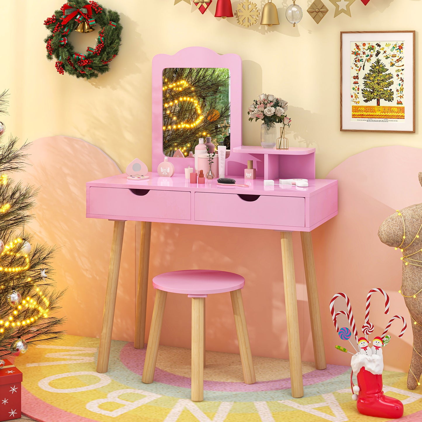 Kid Vanity Table Chair Set with Mirror and 2 Large Storage Drawers, Pink Kids Vanities at Gallery Canada