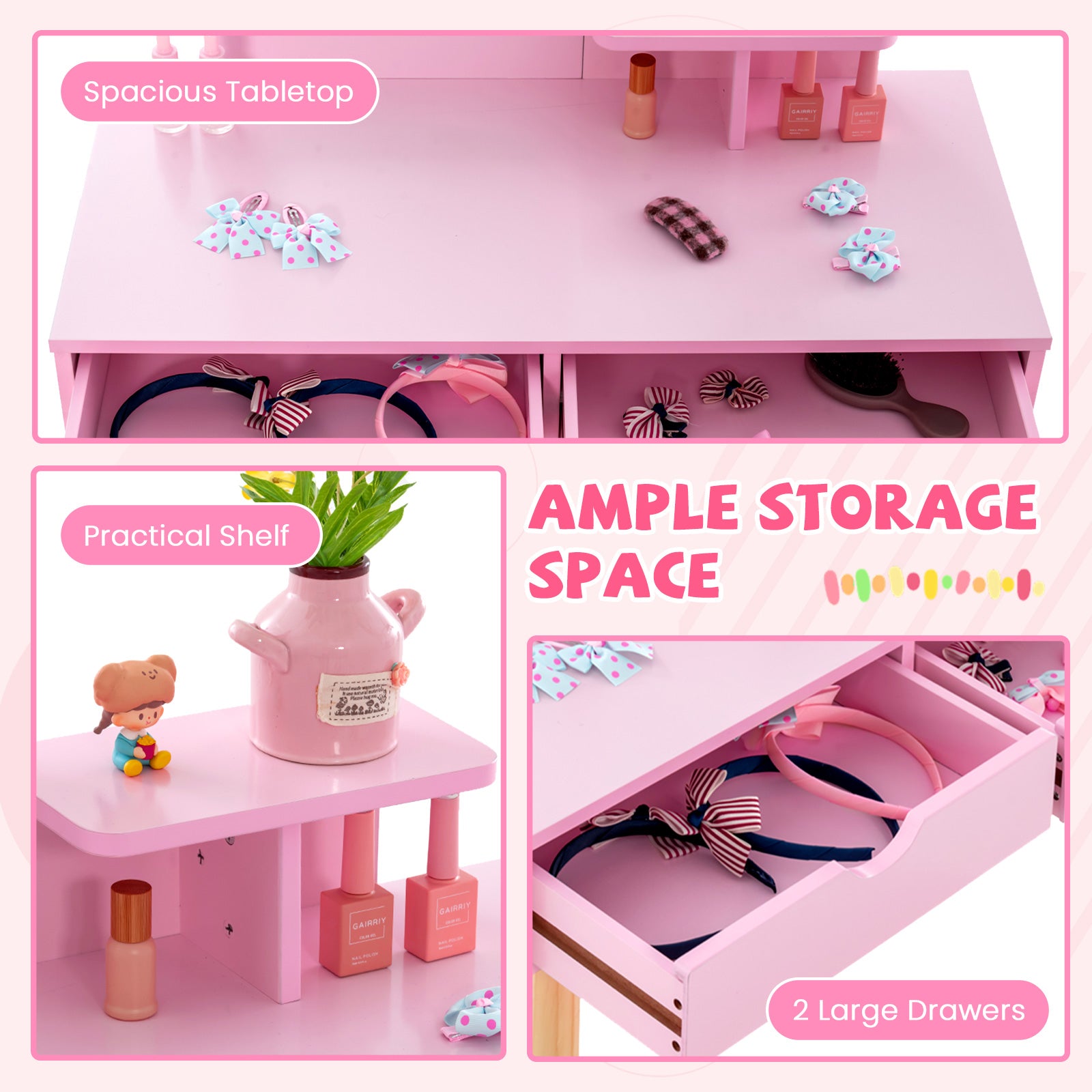 Kid Vanity Table Chair Set with Mirror and 2 Large Storage Drawers, Pink Kids Vanities at Gallery Canada