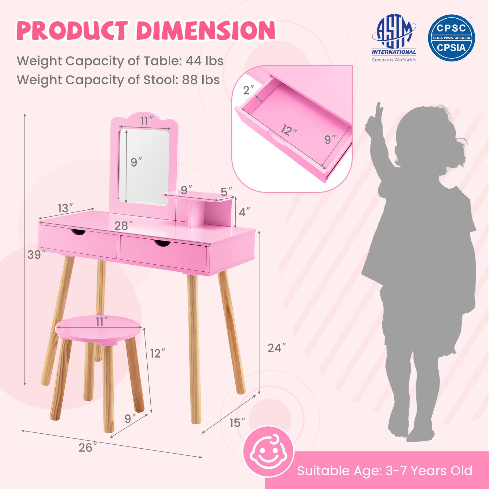 Kid Vanity Table Chair Set with Mirror and 2 Large Storage Drawers, Pink Kids Vanities at Gallery Canada