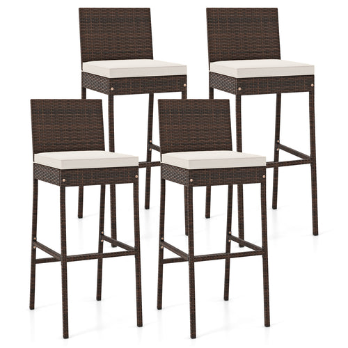 Set of 4 Patio Wicker Barstools with Seat Cushion and Footrest-Set of 4, Off White