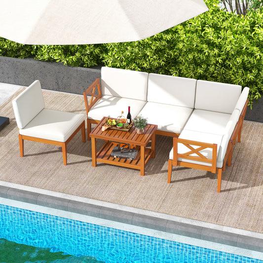 6-Piece Acacia Wood Patio Set, With Cushions And Coffee Table, White