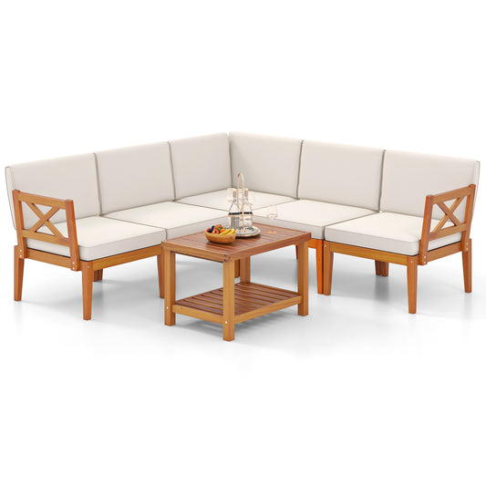 6-Piece Acacia Wood Patio Set, With Cushions And Coffee Table, White