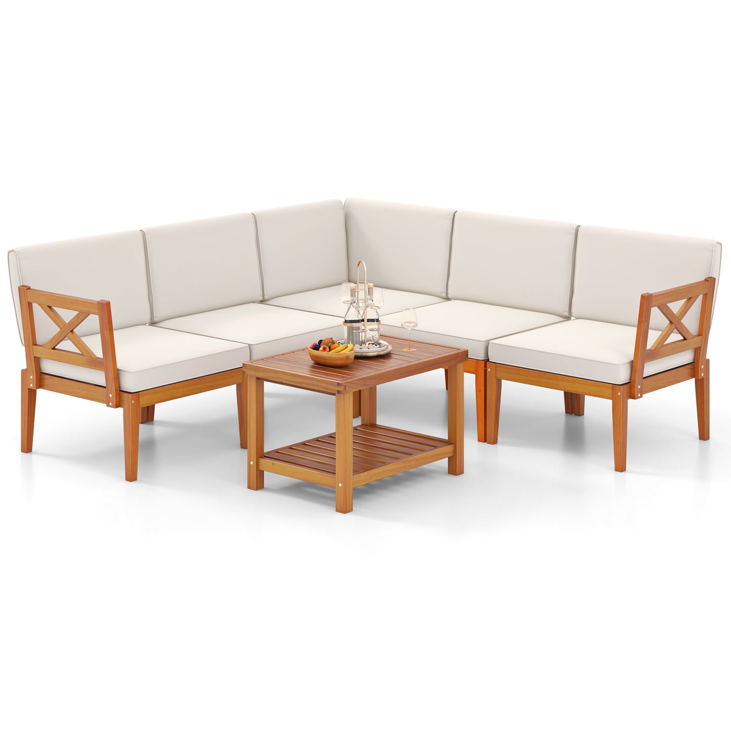 6 Pieces Acacia Wood Patio Furniture Set with Cushions and 2-Tier Coffee Table, White Patio Conversation Sets White at Gallery Canada