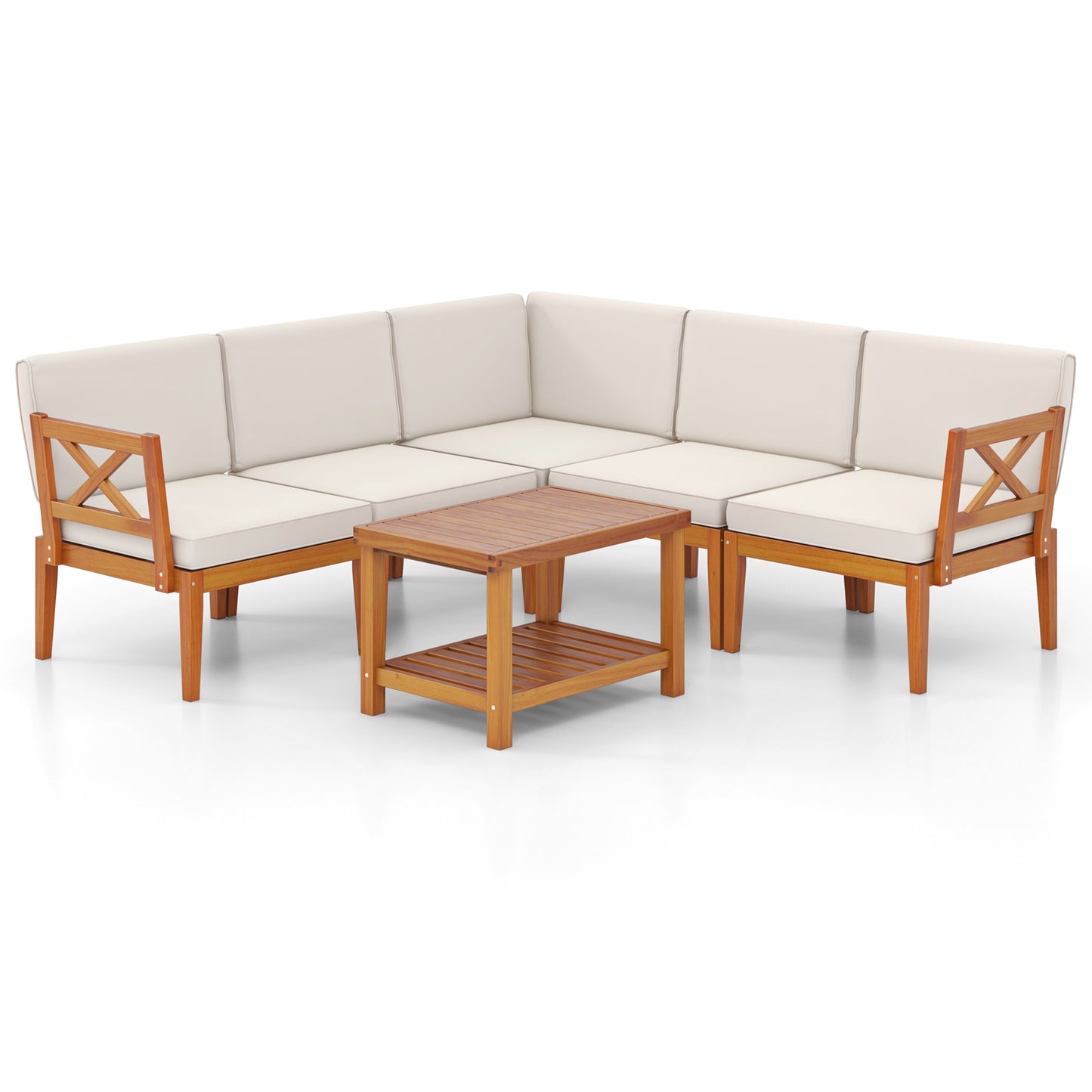 6 Pieces Acacia Wood Patio Furniture Set with Cushions and 2-Tier Coffee Table, White Patio Conversation Sets at Gallery Canada