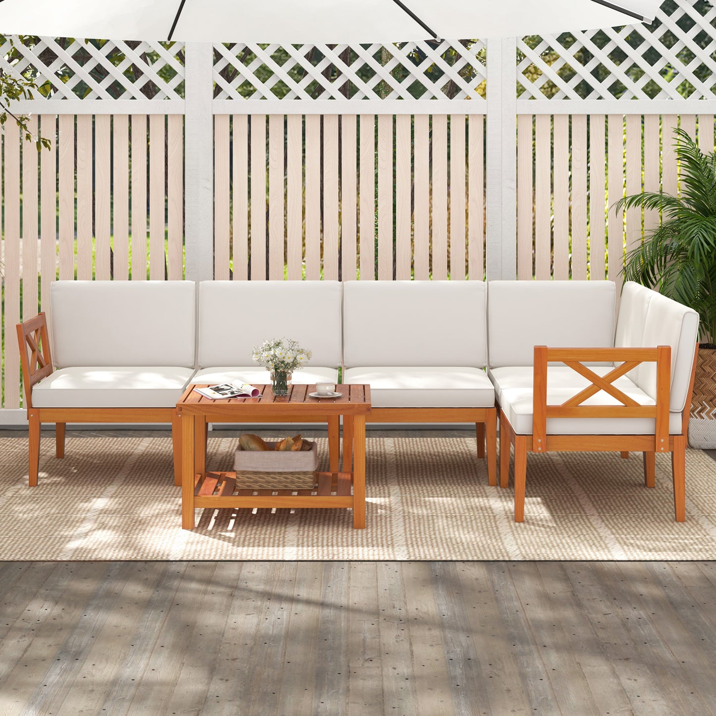 6 Pieces Acacia Wood Patio Furniture Set with Cushions and 2-Tier Coffee Table, White Patio Conversation Sets at Gallery Canada