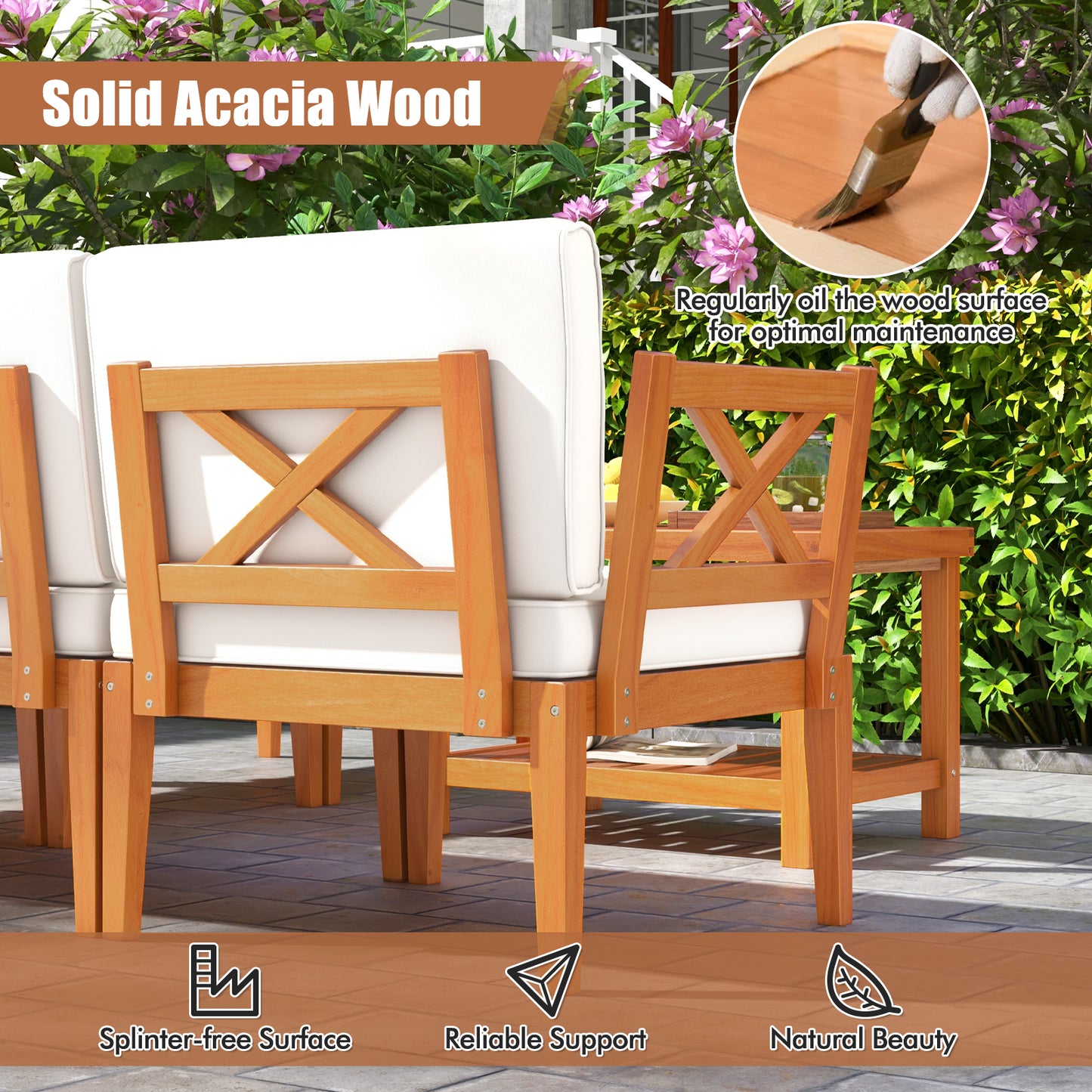 6 Pieces Acacia Wood Patio Furniture Set with Cushions and 2-Tier Coffee Table, White Patio Conversation Sets at Gallery Canada