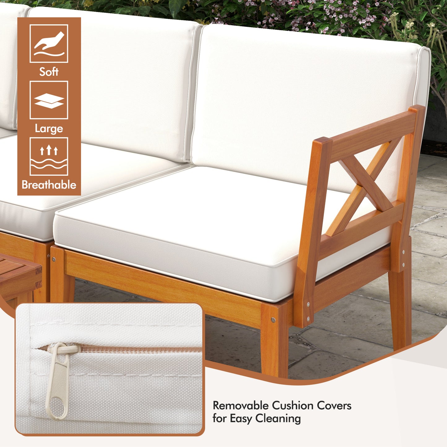 6 Pieces Acacia Wood Patio Furniture Set with Cushions and 2-Tier Coffee Table, White Patio Conversation Sets at Gallery Canada