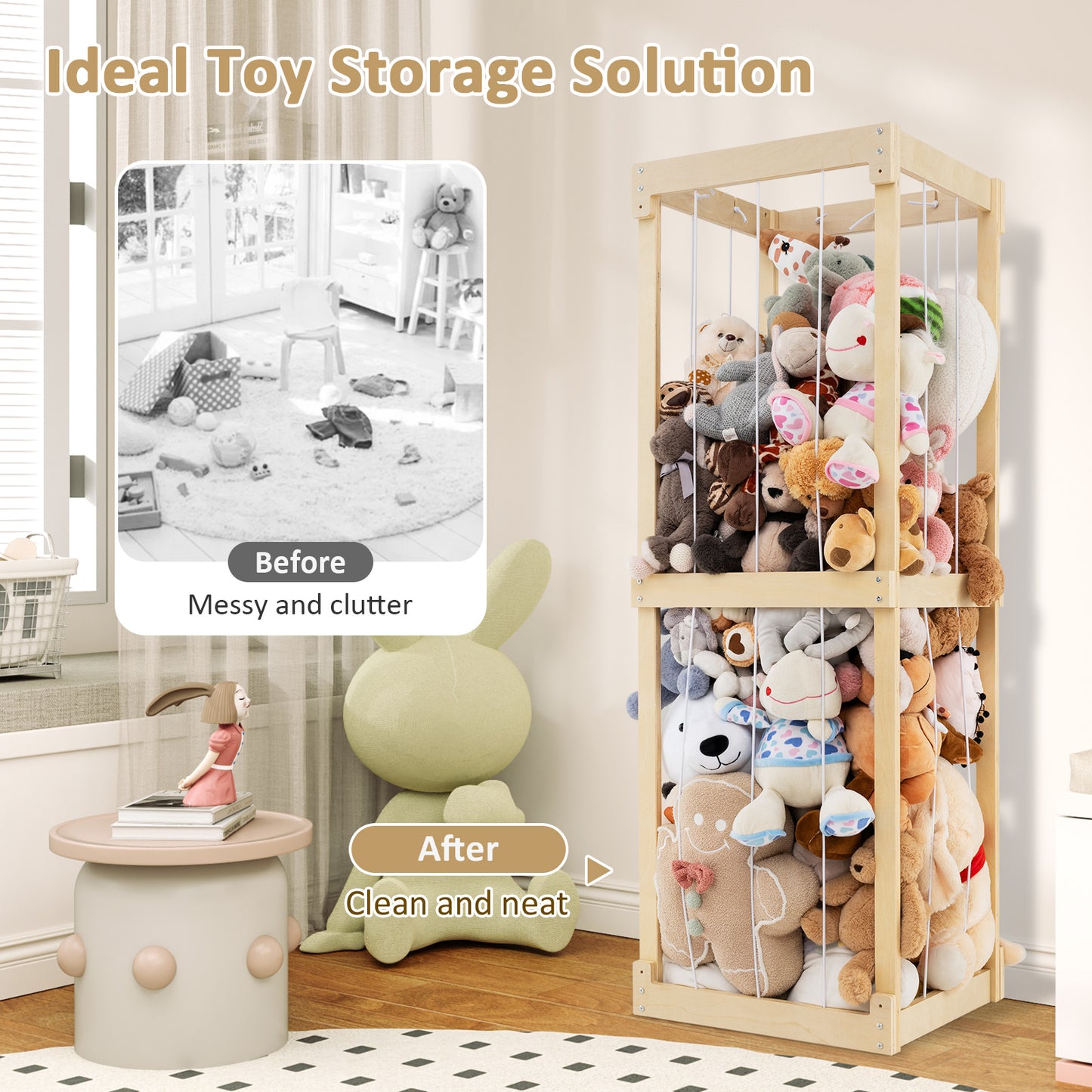 300L Large Stuffed Animal Storage with Open Top and Elastic Cords, Natural Kids Storage at Gallery Canada
