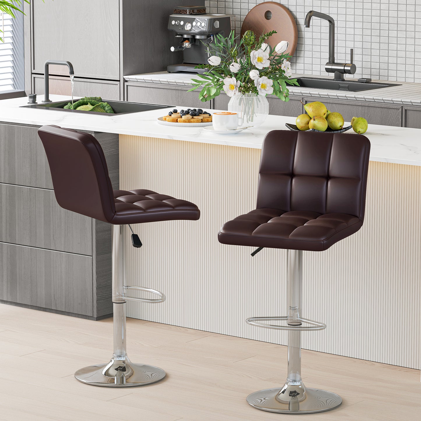 Modern Bat Stools Set of 2 with Back and Heavy-duty Metal Base and Footrest, Brown Bar Stools at Gallery Canada