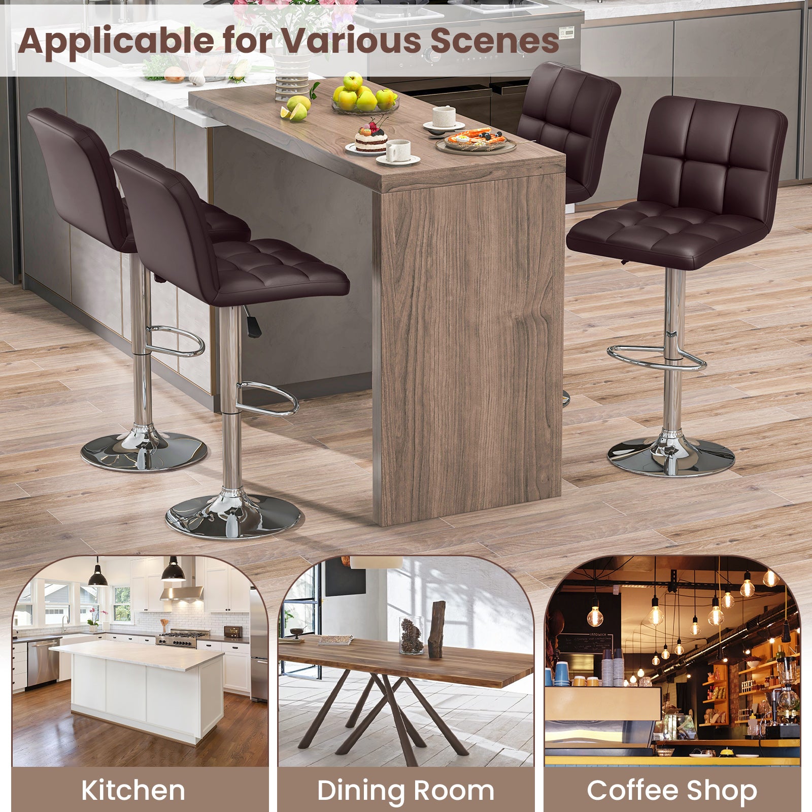 Modern Bat Stools Set of 2 with Back and Heavy-duty Metal Base and Footrest, Brown Bar Stools at Gallery Canada