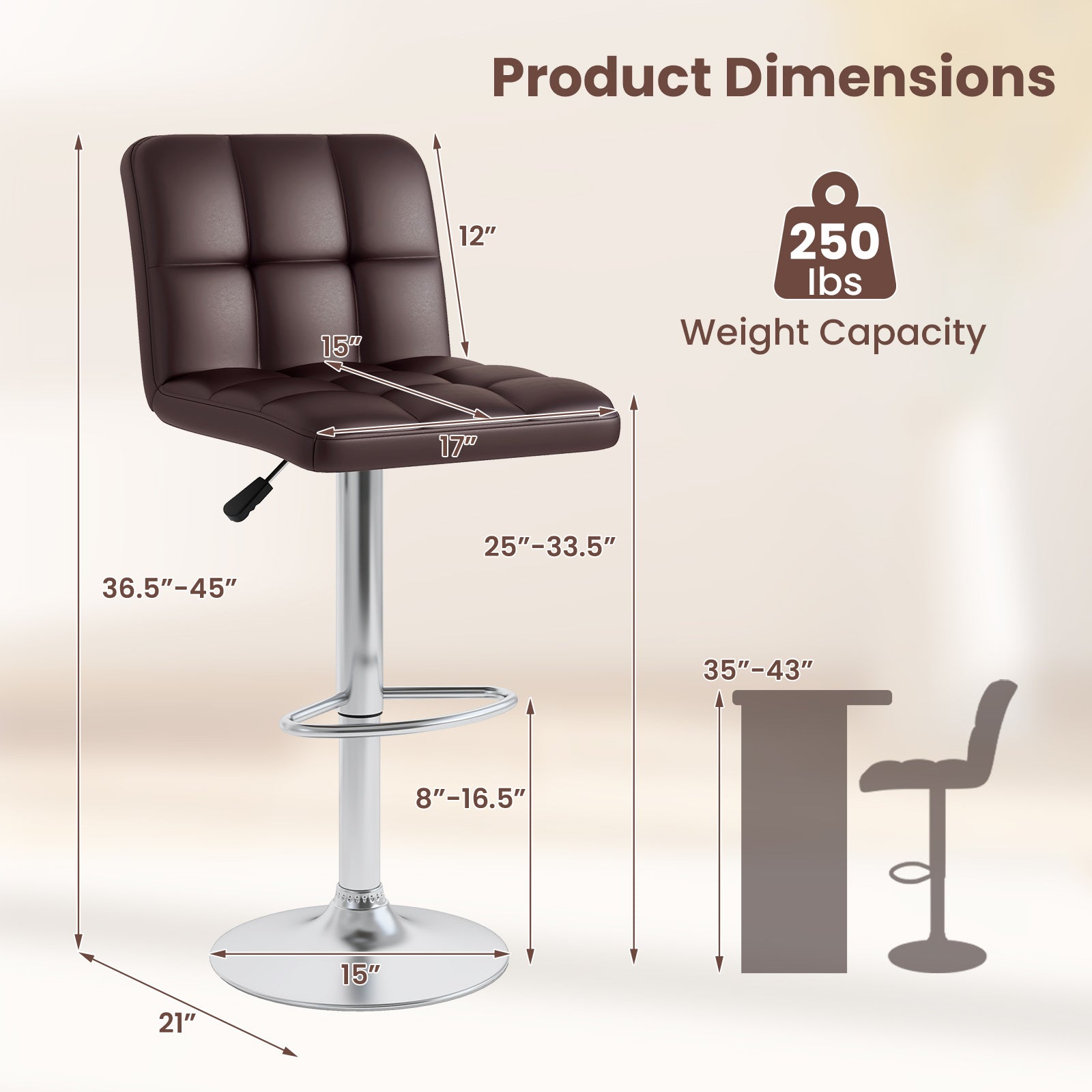 Modern Bat Stools Set of 2 with Back and Heavy-duty Metal Base and Footrest, Brown Bar Stools at Gallery Canada