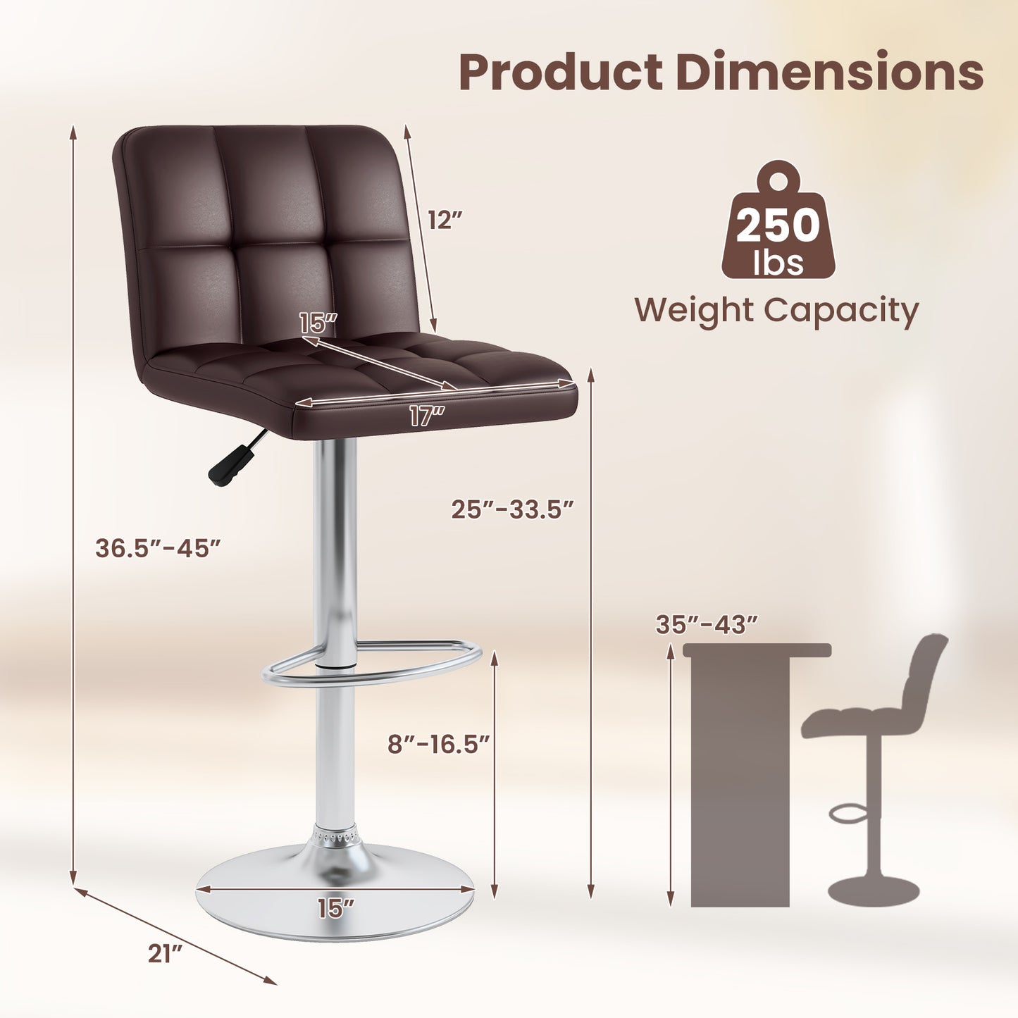 Modern Bat Stools Set of 2 with Back and Heavy-duty Metal Base and Footrest, Brown Bar Stools at Gallery Canada