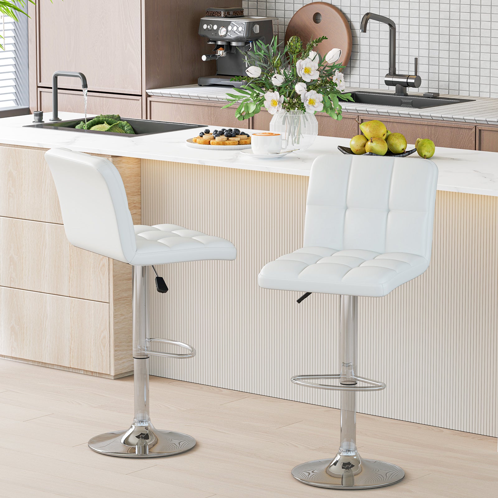 Modern Bat Stools Set of 2 with Back and Heavy-duty Metal Base and Footrest, White Bar Stools at Gallery Canada