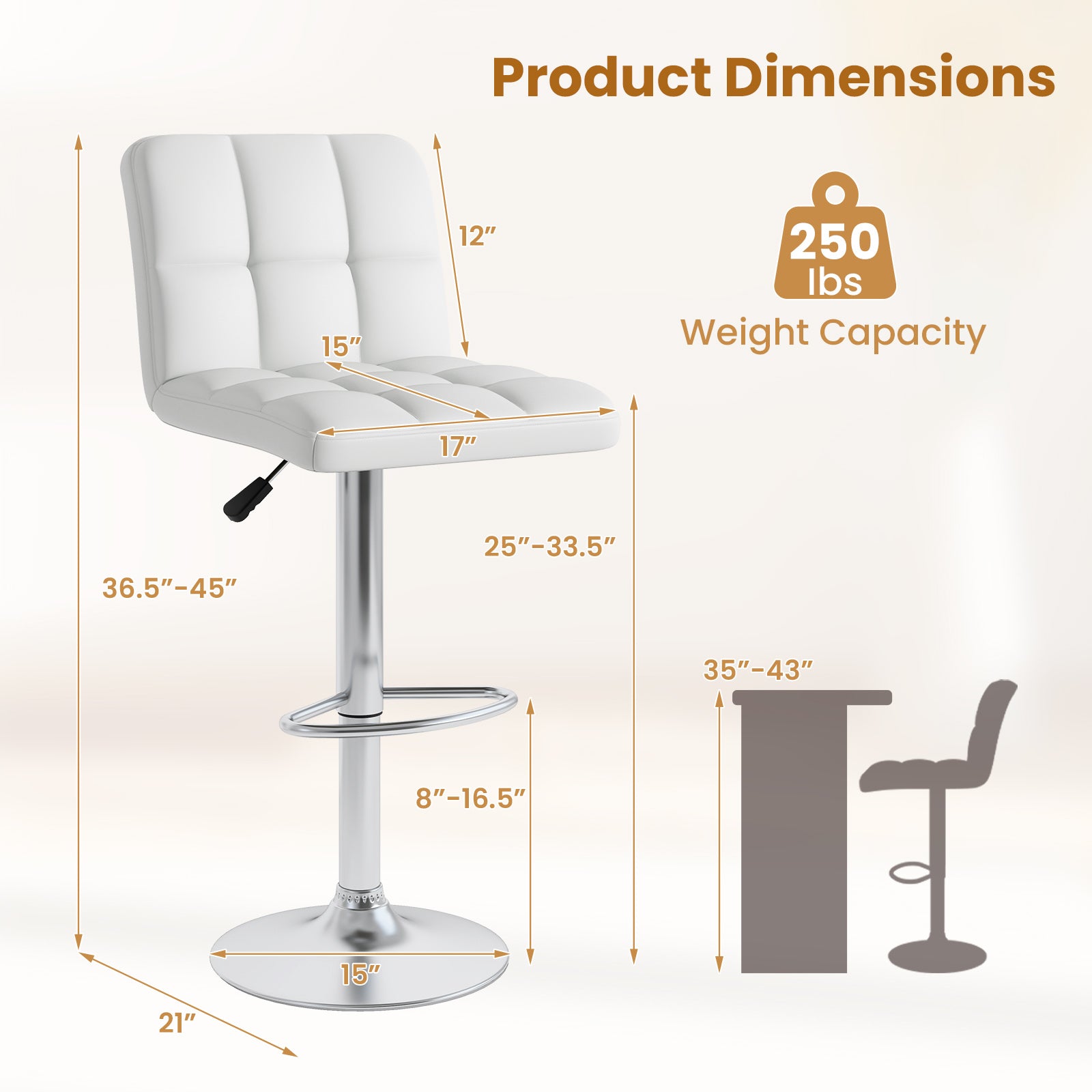 Modern Bat Stools Set of 2 with Back and Heavy-duty Metal Base and Footrest, White Bar Stools at Gallery Canada
