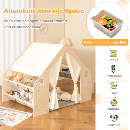 6-in-1 Kids Play Tent Playhouse with Blackboard 6 Storage Bins and Floor Cushion, Beige Play Tents & Playhouse at Gallery Canada