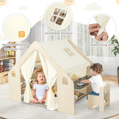 6-in-1 Kids Play Tent Playhouse with Blackboard 6 Storage Bins and Floor Cushion, Beige Play Tents & Playhouse at Gallery Canada