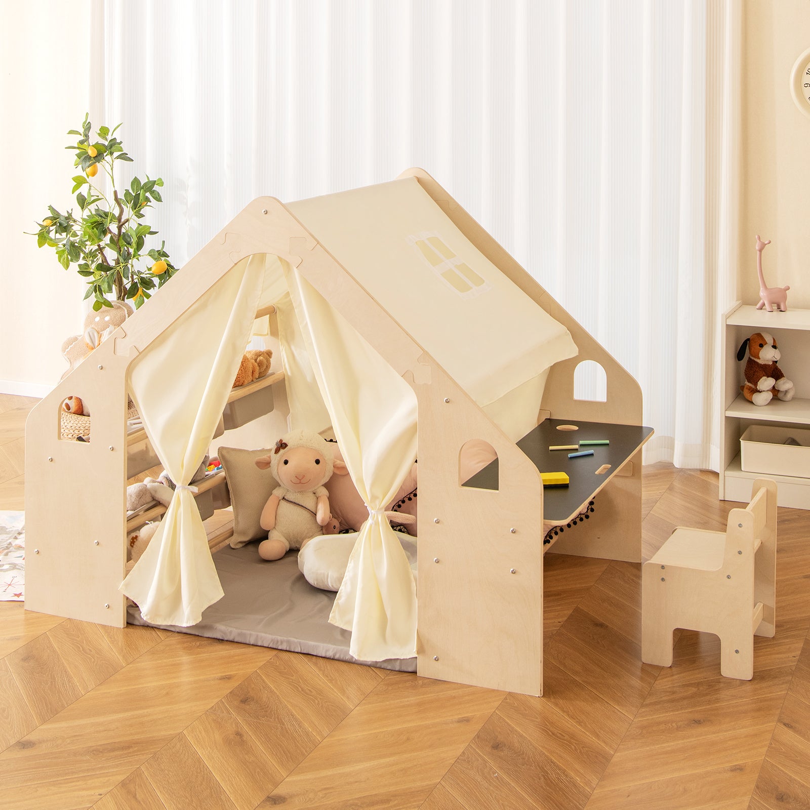 6-in-1 Kids Play Tent Playhouse with Blackboard 6 Storage Bins and Floor Cushion, Beige Play Tents & Playhouse at Gallery Canada