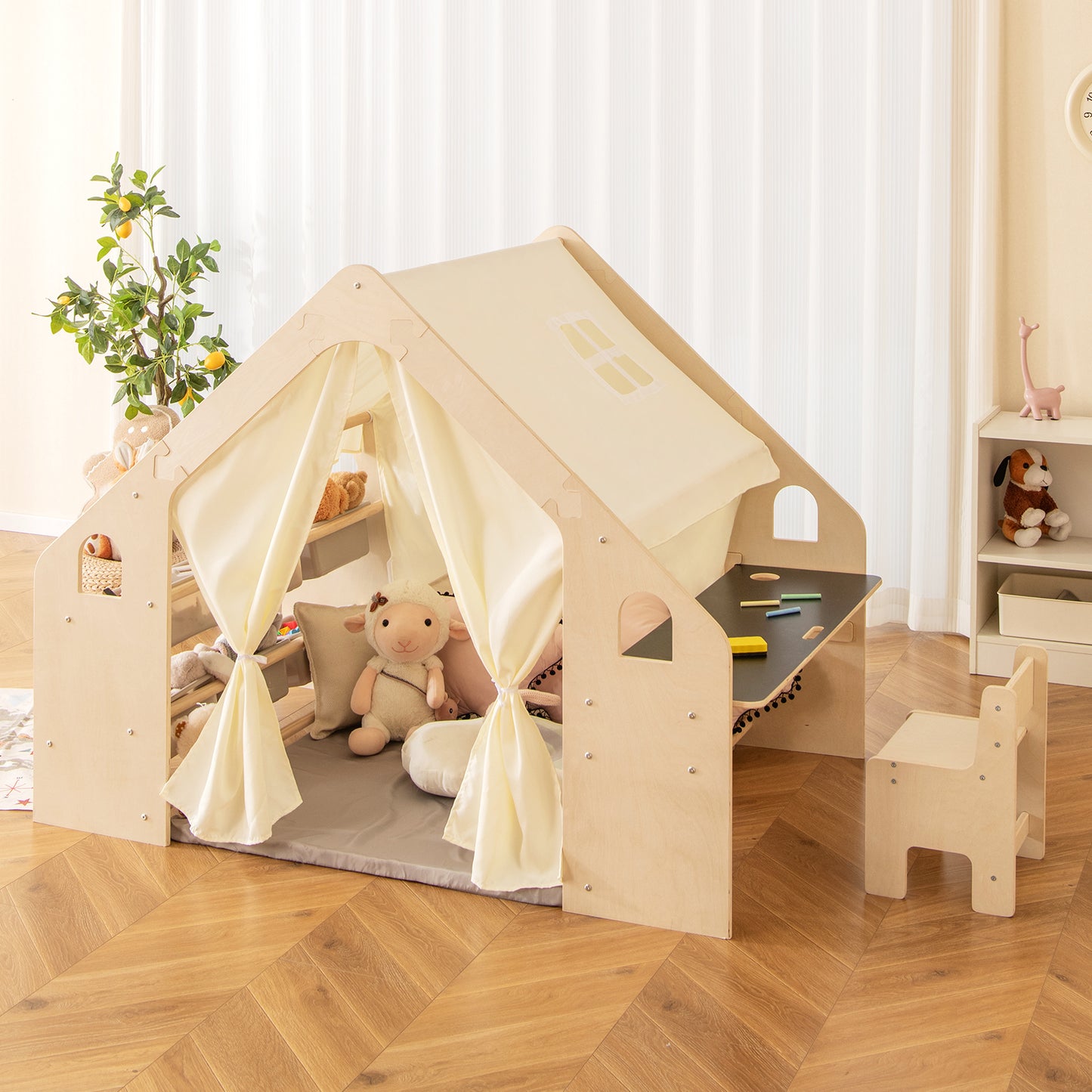 6-in-1 Kids Play Tent Playhouse with Blackboard 6 Storage Bins and Floor Cushion, Beige Play Tents & Playhouse at Gallery Canada