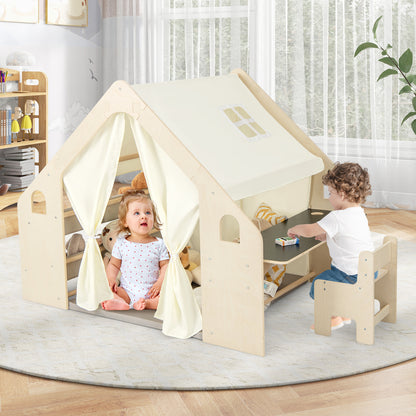 6-in-1 Kids Play Tent Playhouse with Blackboard 6 Storage Bins and Floor Cushion, Beige Play Tents & Playhouse at Gallery Canada