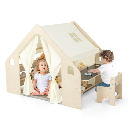 6-in-1 Kids Play Tent Playhouse with Blackboard 6 Storage Bins and Floor Cushion, Beige Play Tents & Playhouse at Gallery Canada