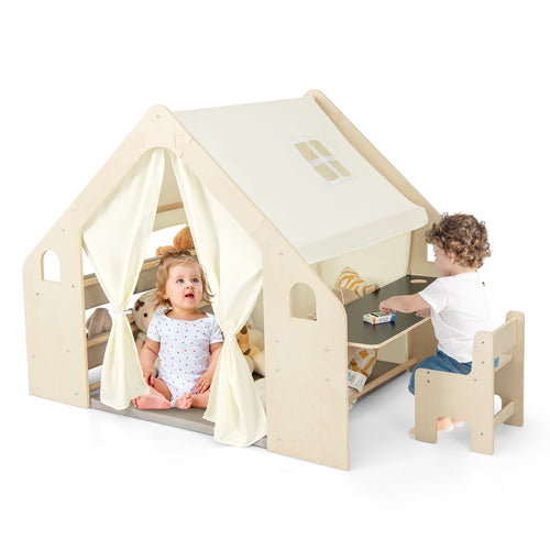 Kids Play Tent, 6-in-1, With Blackboard, Storage Bins, Floor Cushion, Beige