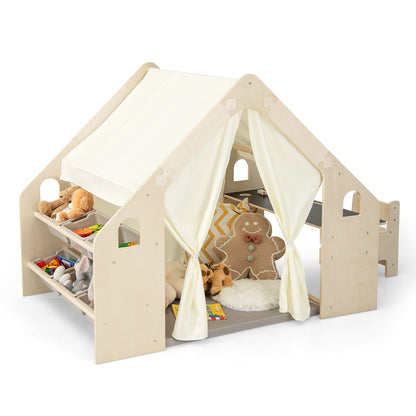 6-in-1 Kids Play Tent Playhouse with Blackboard 6 Storage Bins and Floor Cushion, Beige Play Tents & Playhouse at Gallery Canada
