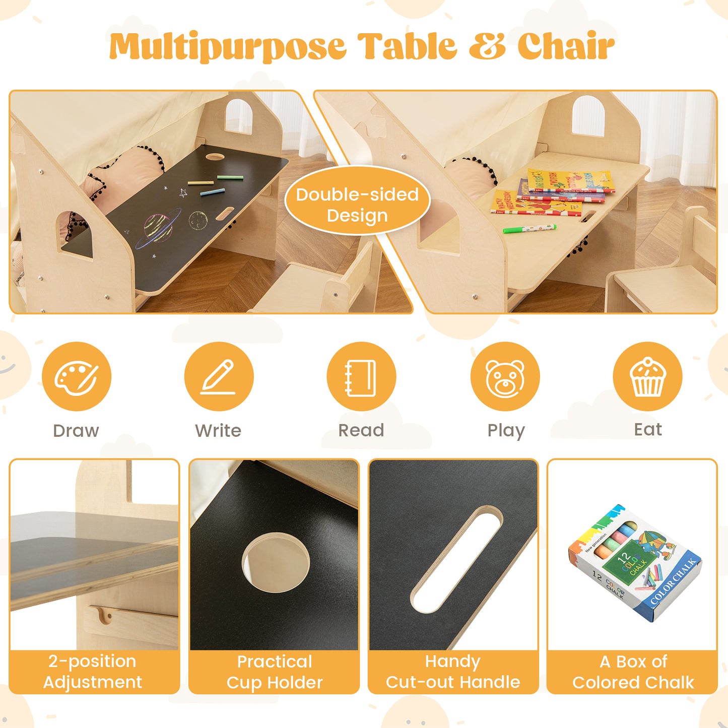 6-in-1 Kids Play Tent Playhouse with Blackboard 6 Storage Bins and Floor Cushion, Beige Play Tents & Playhouse at Gallery Canada