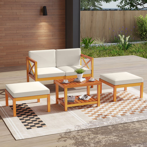 5 Pieces Acacia Wood Patio Lounge Chair Set with Ottomans and Cushions, White