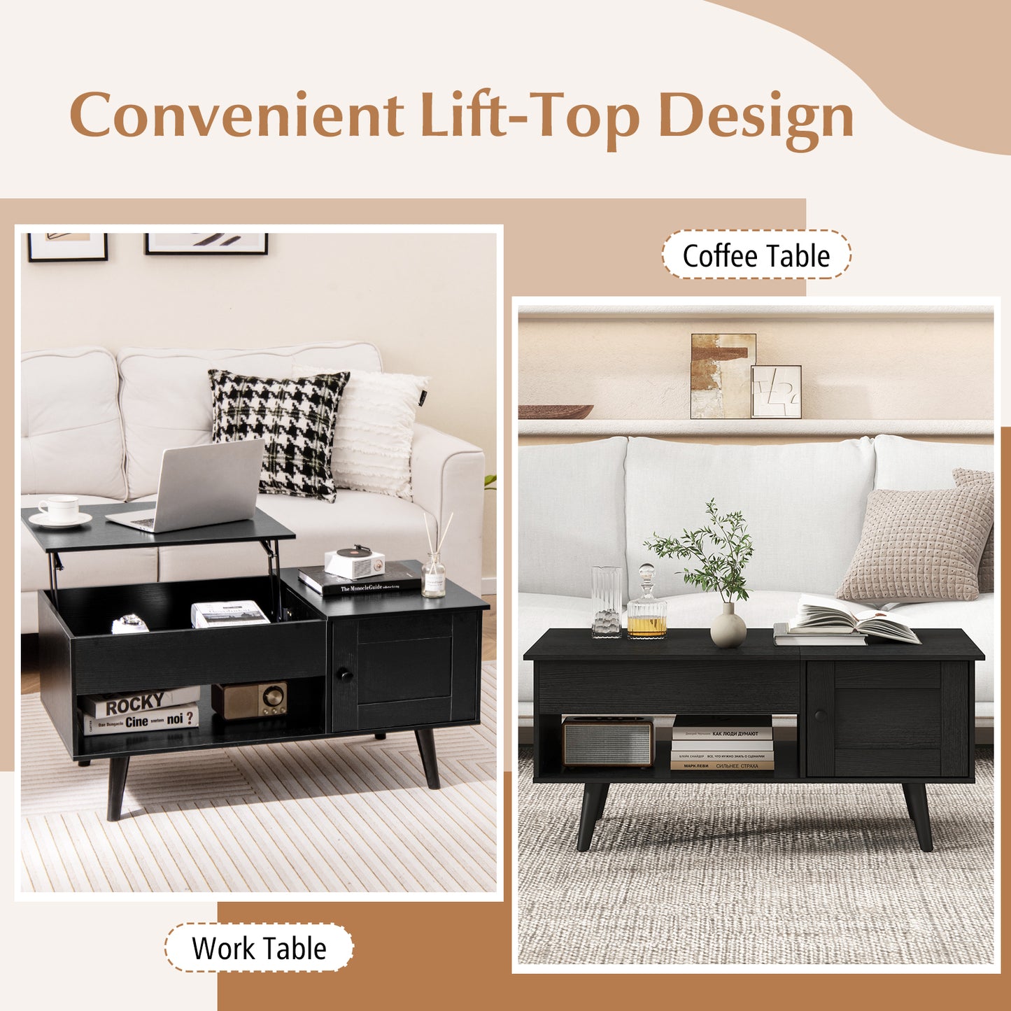 Lift Top Coffee Table with Storage and Hidden Compartment, Black Coffee Tables at Gallery Canada