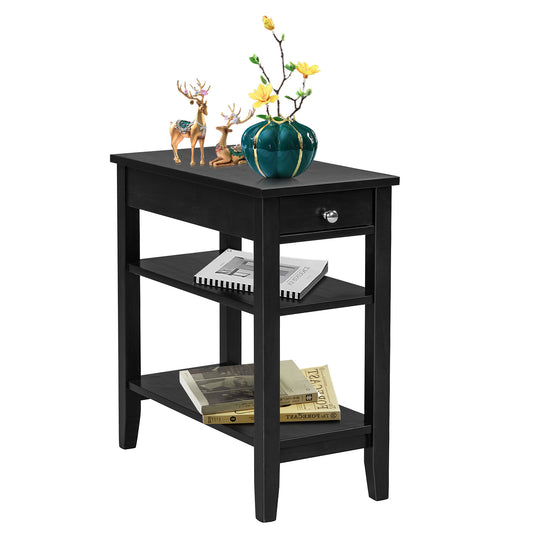 Side End Table with Drawer and 2-Tier Open Storage Shelves for Space Saving, Black Nightstands Black at Gallery Canada