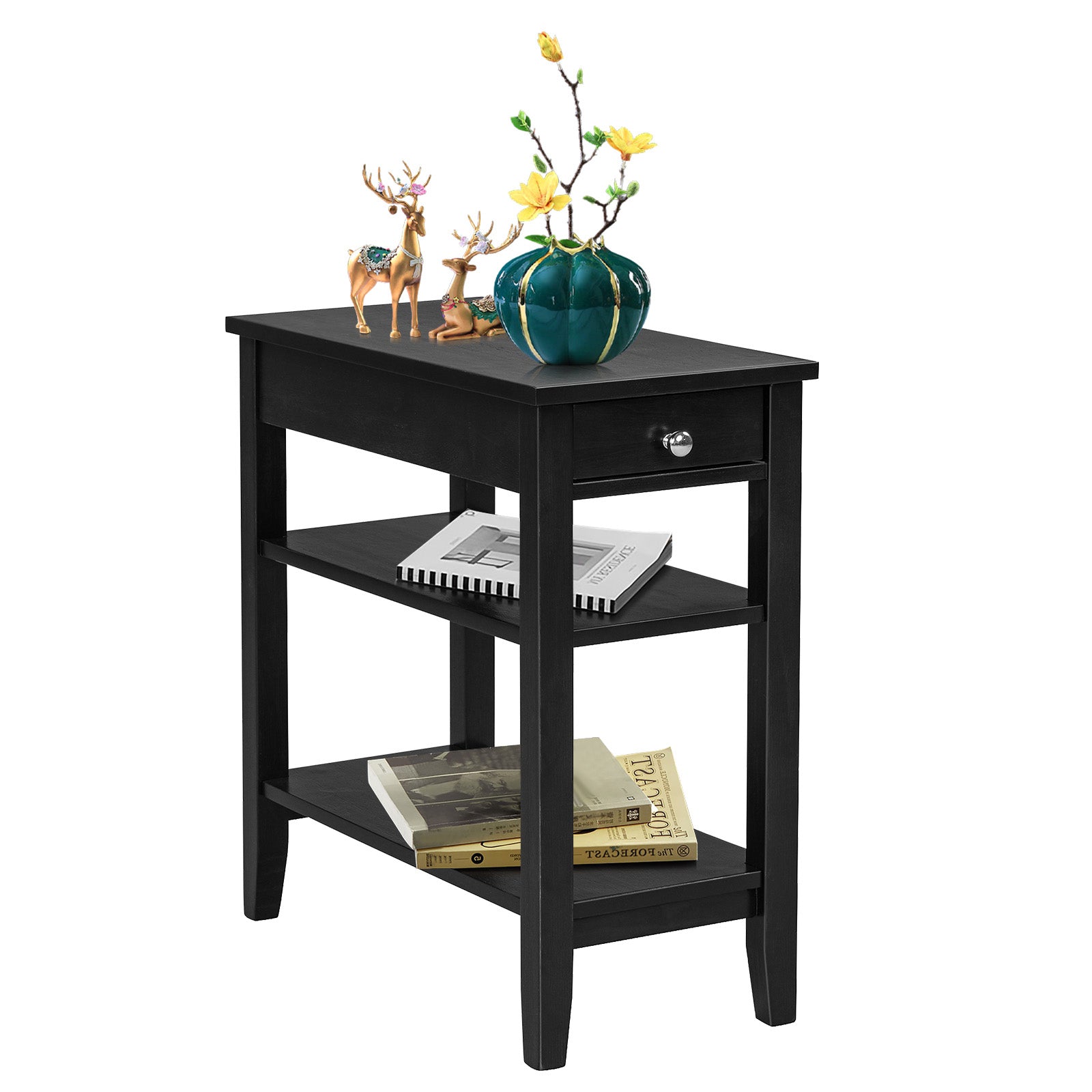 Side End Table With Drawer, 2-Tier Open Storage Shelves, Black Nightstands Black at Gallery Canada