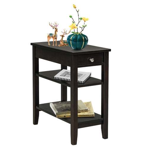 Side End Table With Drawer, 2-Tier Open Storage Shelves, Brown