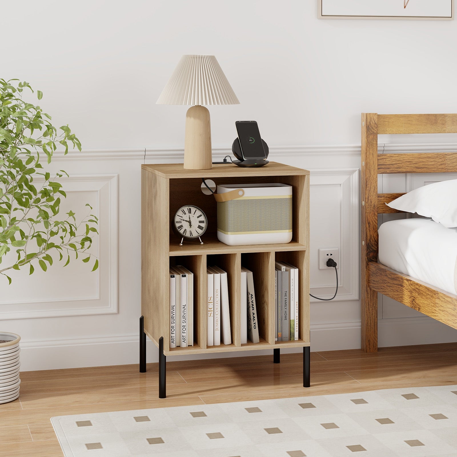 Record Player Stand with Record Storage Shelf and Charging Station, Natural End & Side Tables at Gallery Canada