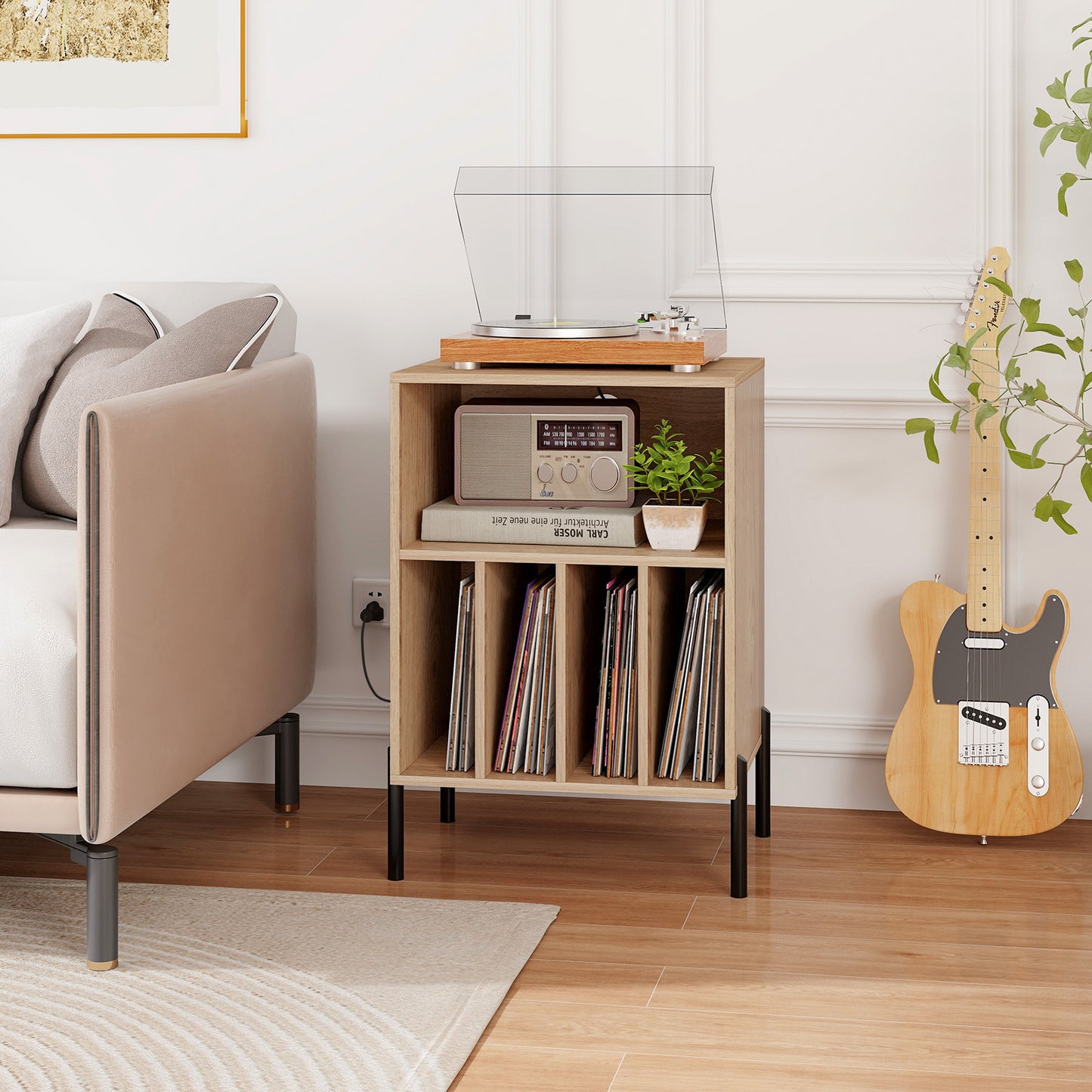Record Player Stand with Record Storage Shelf and Charging Station, Natural End & Side Tables at Gallery Canada