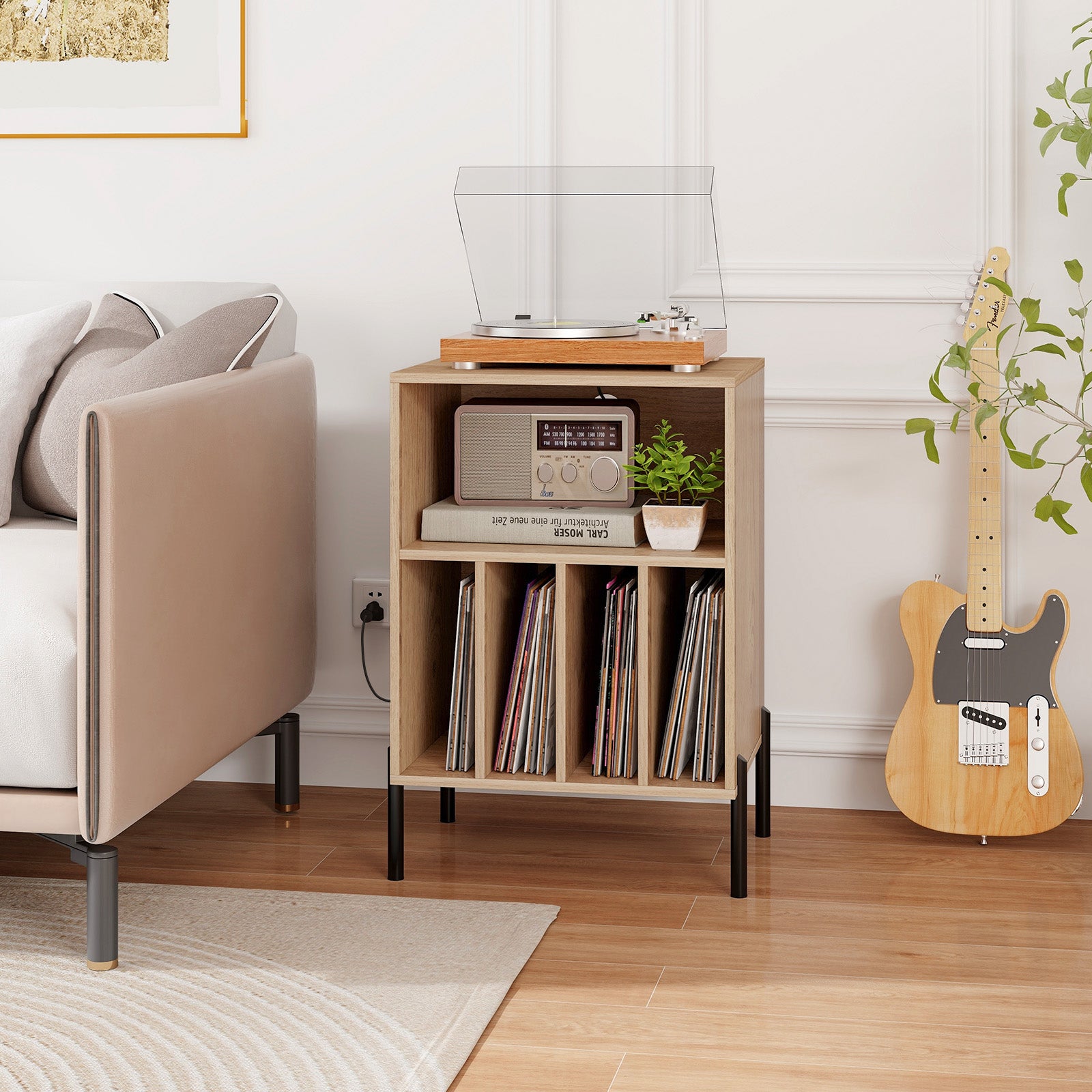 Record Player Stand with Record Storage Shelf and Charging Station, Natural End & Side Tables at Gallery Canada