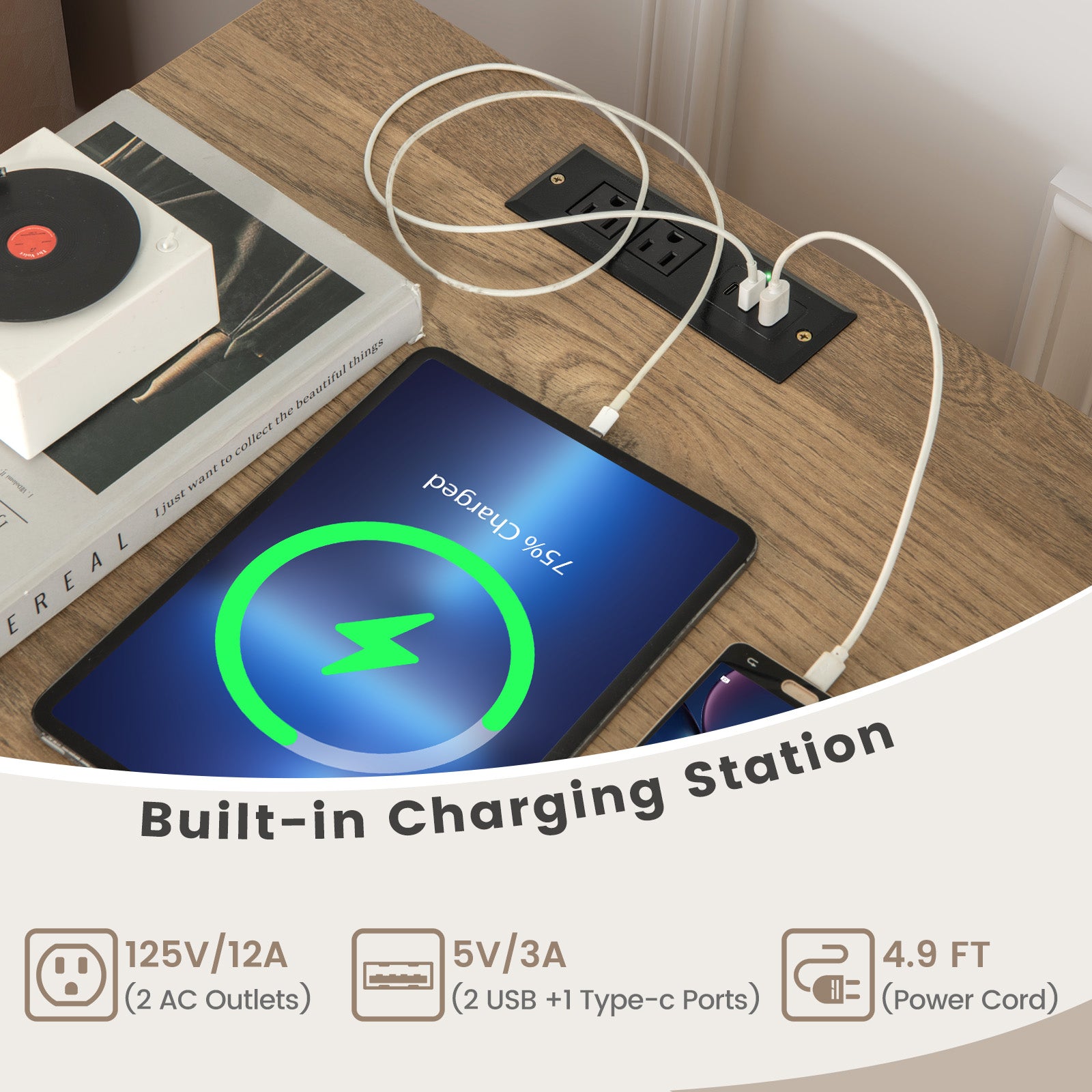 Record Player Stand with Record Storage Shelf and Charging Station, Natural End & Side Tables at Gallery Canada