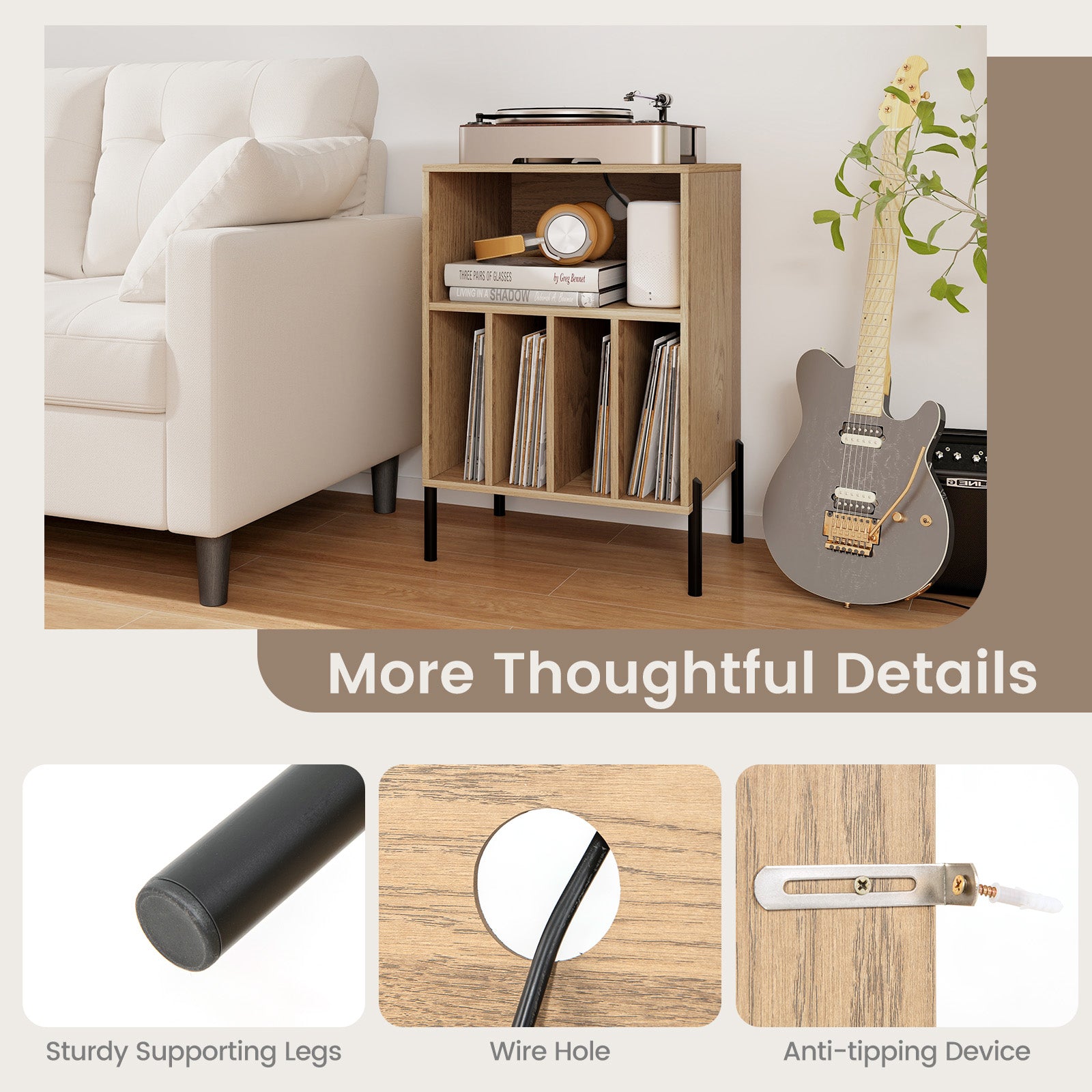 Record Player Stand with Record Storage Shelf and Charging Station, Natural End & Side Tables at Gallery Canada