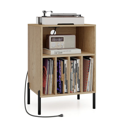 Record Player Stand with Record Storage Shelf and Charging Station, Natural End & Side Tables Natural at Gallery Canada