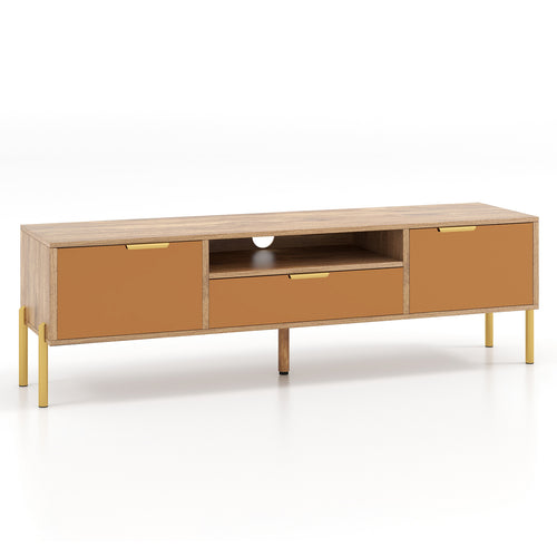 Mirrored TV Stand for TV up to 65 Inch with Spacious Tabletop and 2 Storage Cabinets, Natural
