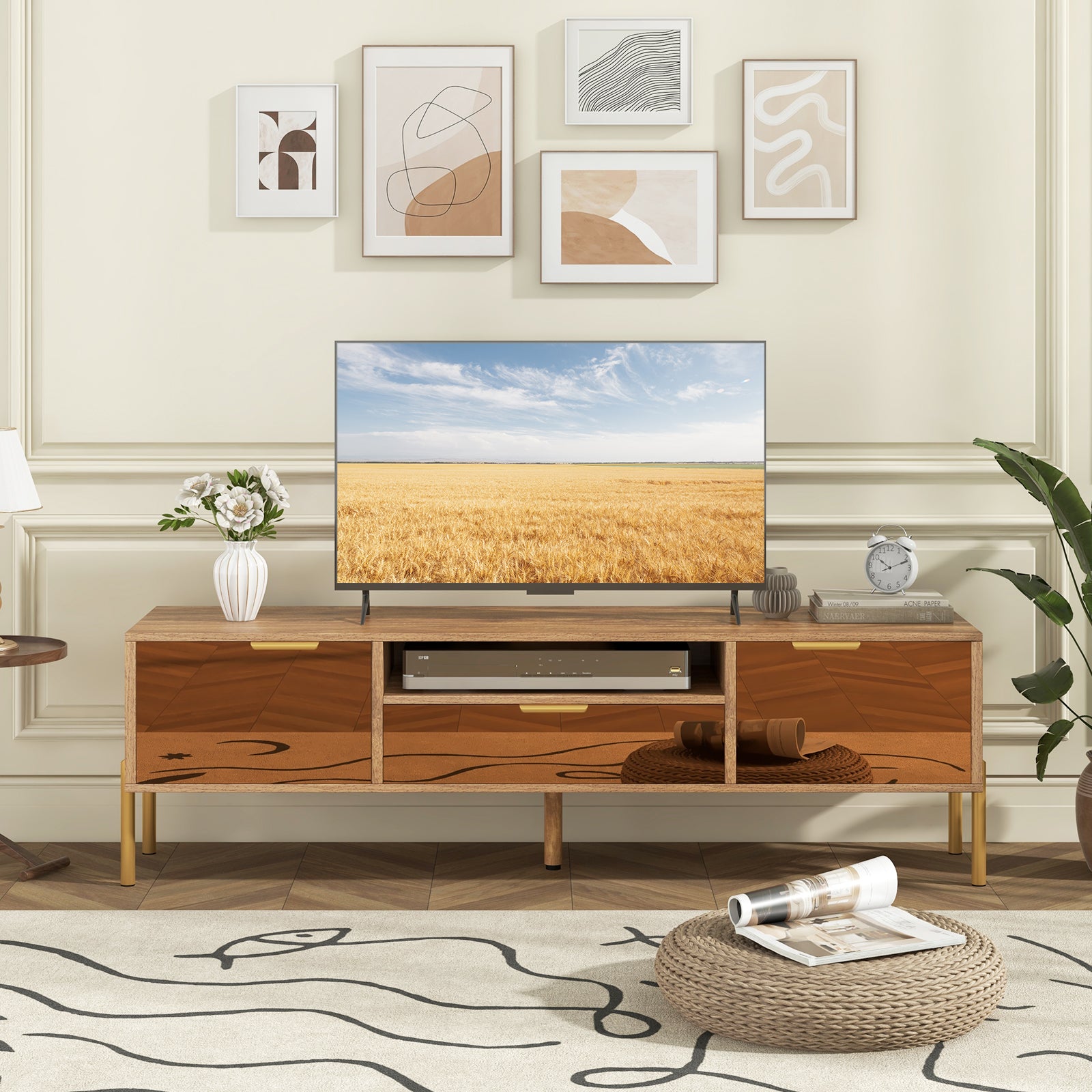 Mirrored TV Stand for TV up to 65 Inch with Spacious Tabletop and 2 Storage Cabinets, Natural Entertainment Centers & TV Stands at Gallery Canada