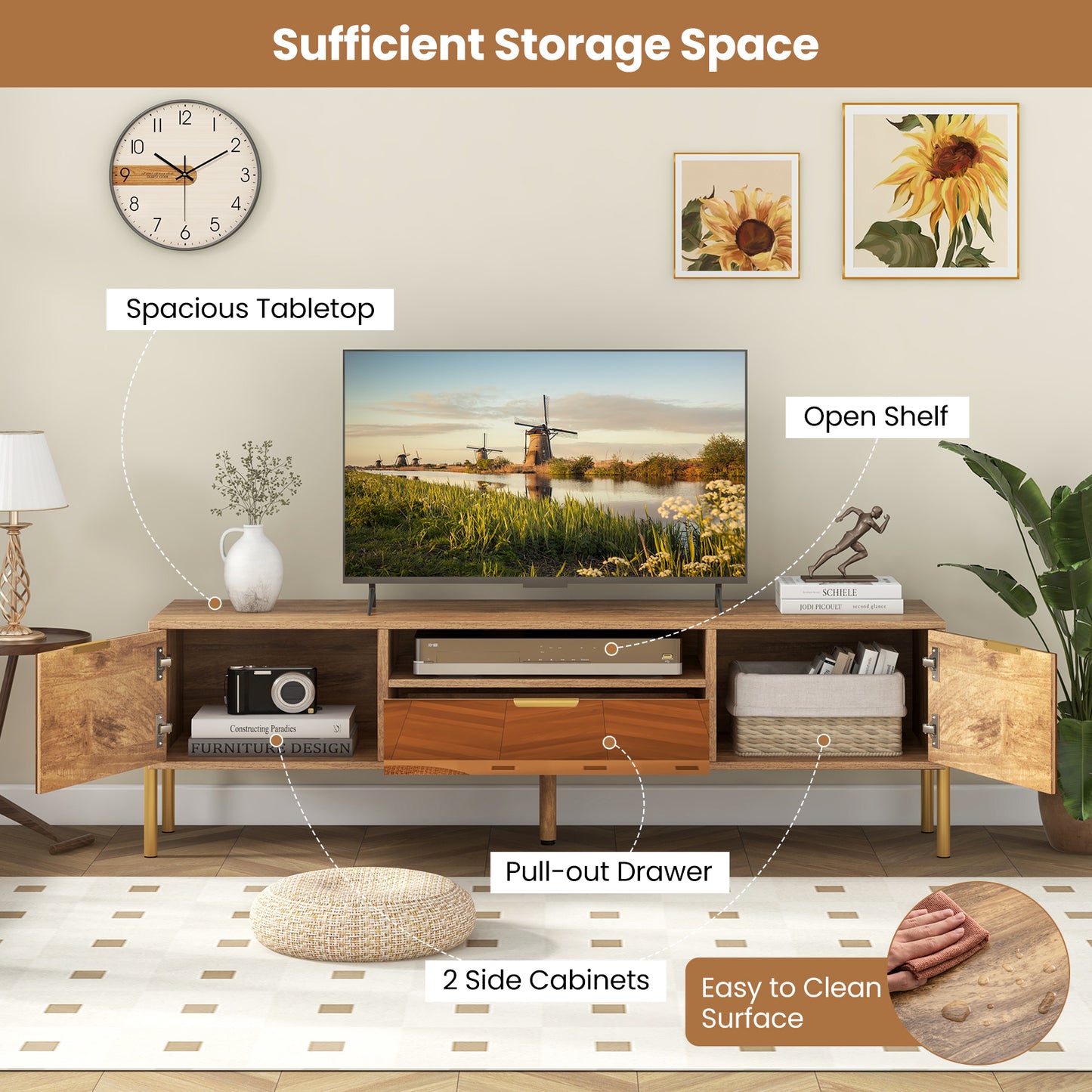 Mirrored TV Stand for TV up to 65 Inch with Spacious Tabletop and 2 Storage Cabinets, Natural Entertainment Centers & TV Stands at Gallery Canada