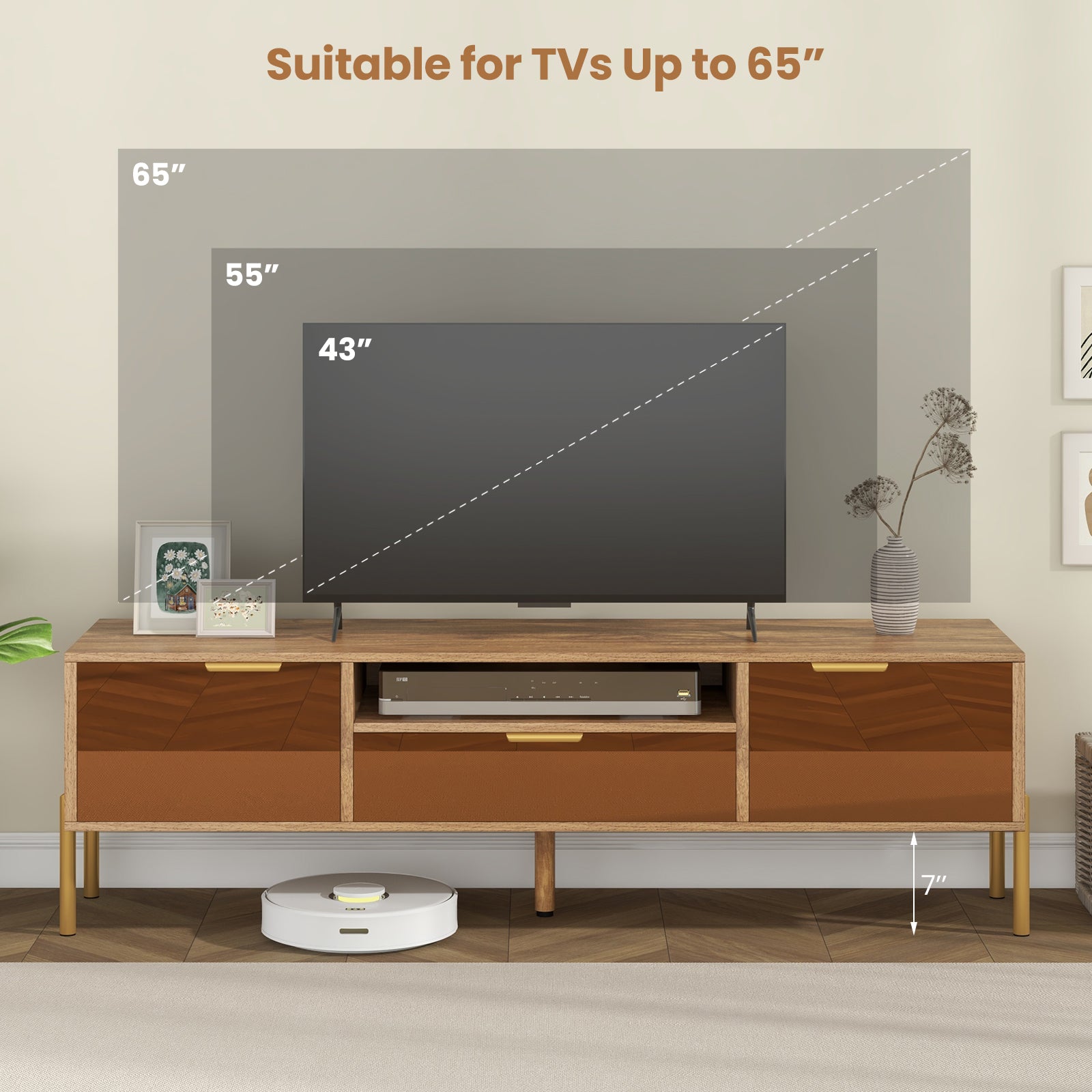 Mirrored TV Stand for TV up to 65 Inch with Spacious Tabletop and 2 Storage Cabinets, Natural Entertainment Centers & TV Stands at Gallery Canada