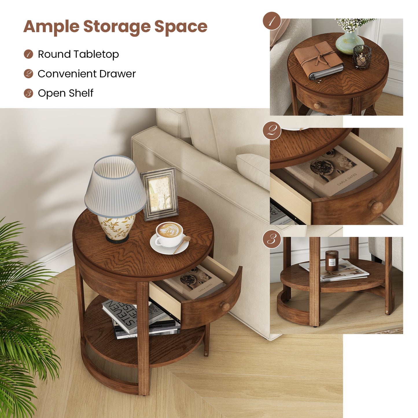 2-Tier Round End Table Mid Century Modern Nightstand with Drawer and Shelf, Brown End & Side Tables at Gallery Canada