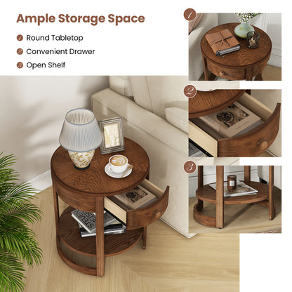 2-Tier Round End Table Mid Century Modern Nightstand with Drawer and Shelf, Brown End & Side Tables at Gallery Canada